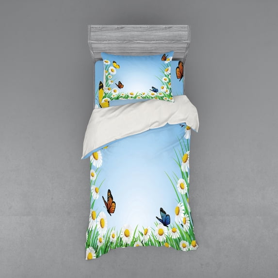 Ambesonne Colorful Bedding Set 3 Pcs, Daisy with Butterflies, Twin XL, Multicolor