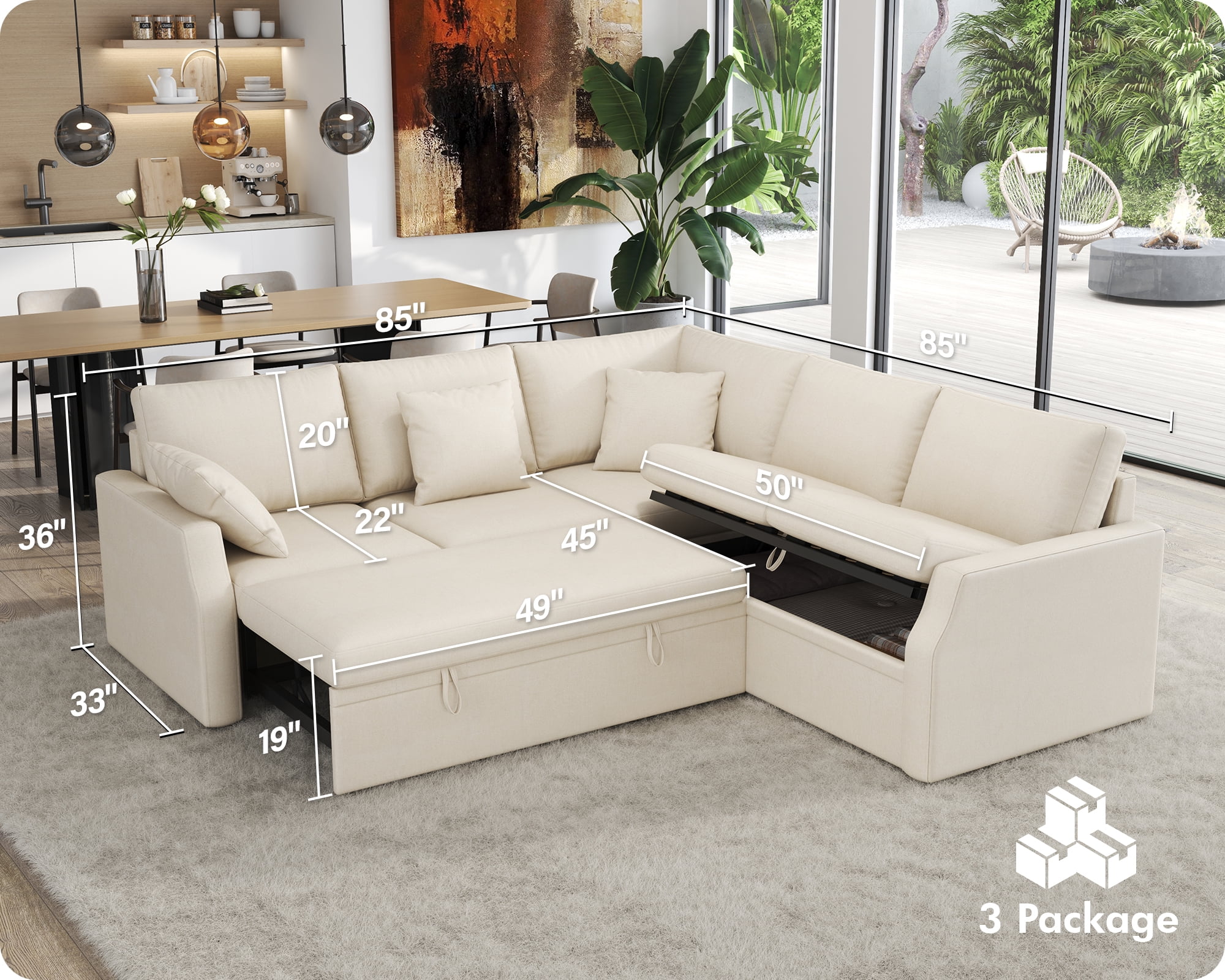 VanAcc 85" Sleeper Sofa Bed, Reversible L-Shape Sectional with Storage