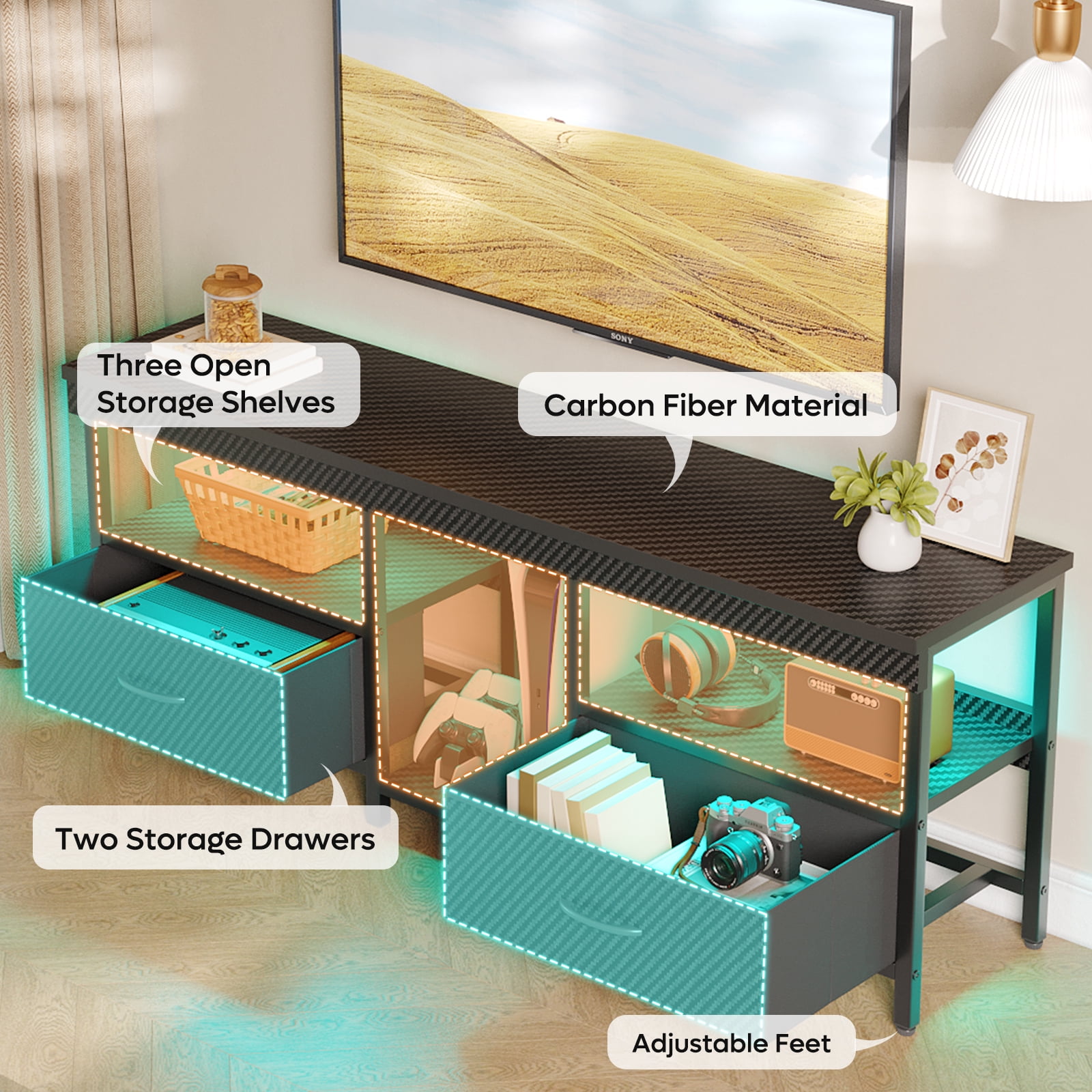 Bestier LED TV Stand Entertainment Center for TVs up for 55 60 65 inch TV Console Table with 2 Storage Drawers,Carbon Fiber Black