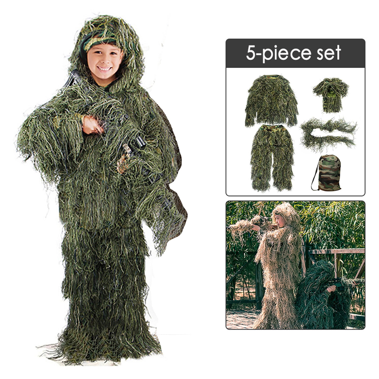 5 Piece Tactical Hunting Ghillie Suit Camo Woodland Camouflage Costume 3D Suits 
