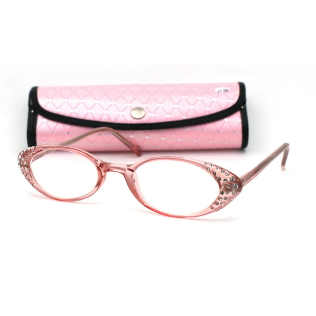 Lunettes de Lecture pour Femmes en Forme d'Oeil de Chat Ovales Cloutées de Strass avec Étui Rigide Rose +1,25