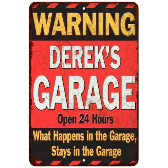 DEREK'S Garage Warning Man Cave Wall Decor 8 x 12 High Gloss Metal 208120030166