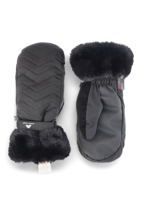 Women's Quilted Ski Winter Mitten Gloves, Black Soot, Faux Fur Lining