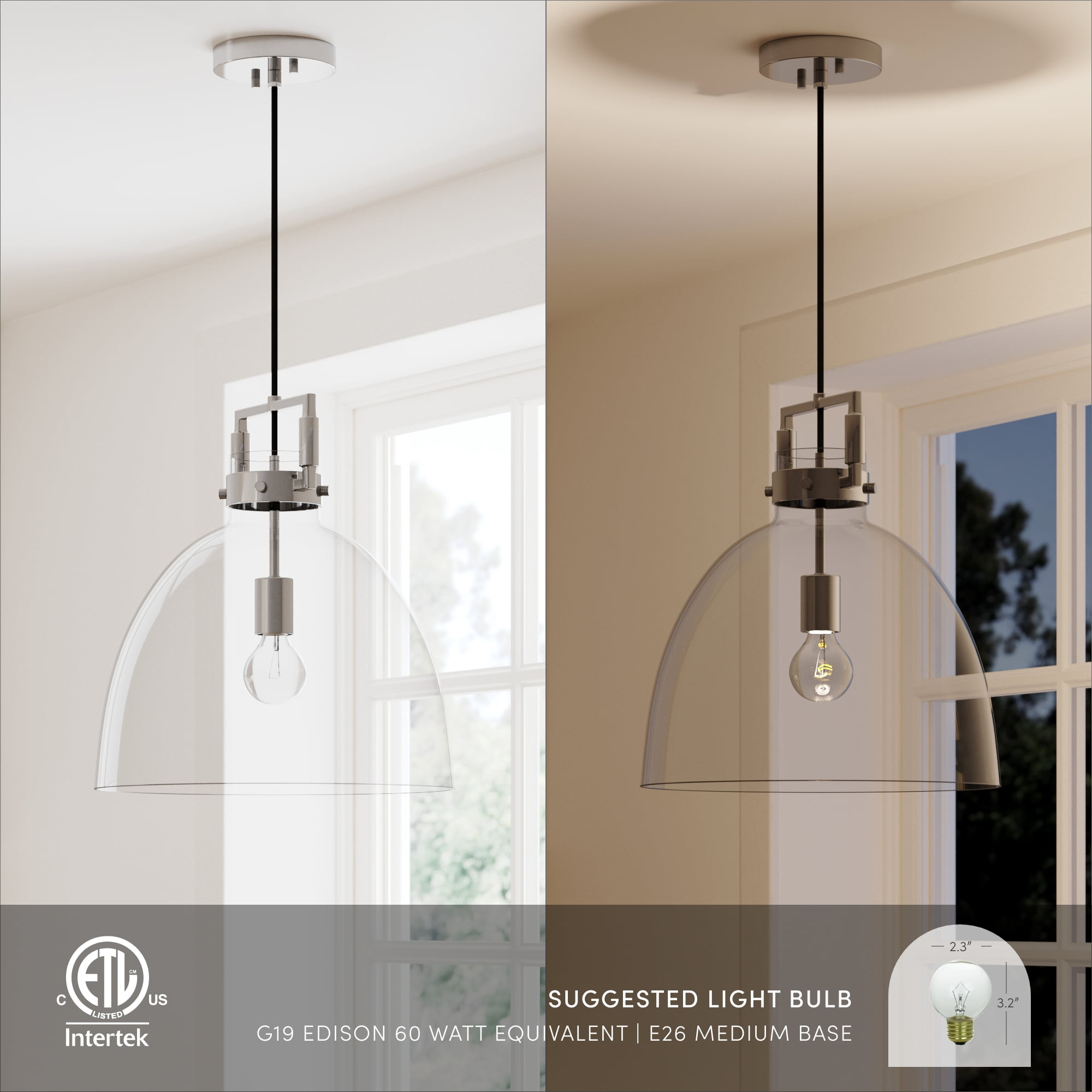 Nathan James Leigh 1-Light Chrome Pendant Lighting for Kitchen Island with Oversized Glass Shade and Adjustable Cord