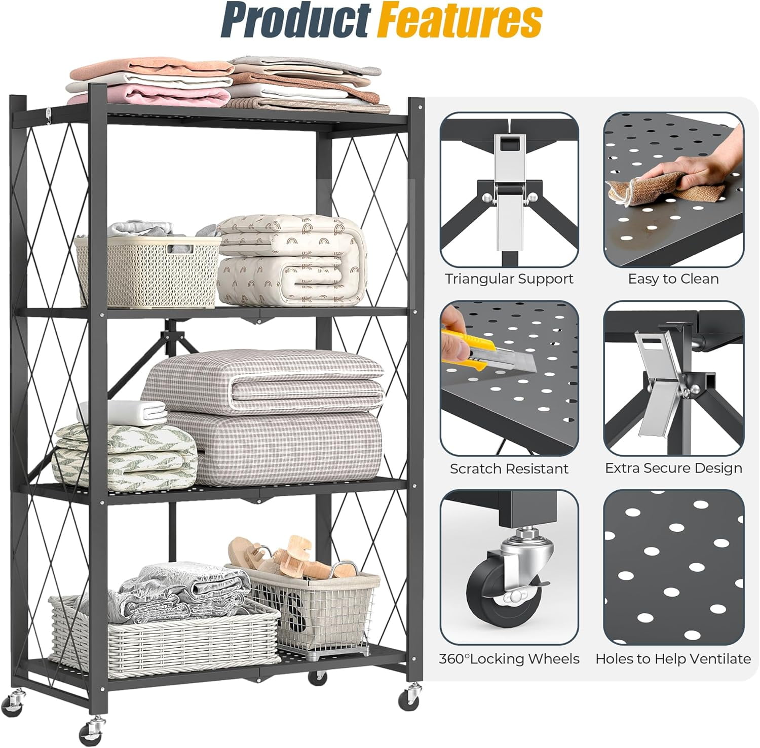 GVDV 4-Tier Metal Storage Shelf,28"Wx13"Dx 49"H Foldable Shelving Unit with Wheels for Garage, Kitchen