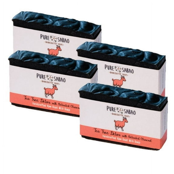 Pure Sabao - Tea Tree Detox w/ Activated Charcoal - Goat Milk Soap Acne Face Scrub – 4 pack – Essential Oil, Natural Handmade Soap