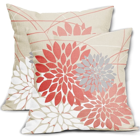 Ryan; Coral Pillow Covers 18x18 Inch Dahlia Flower Dark and Light Coral Pink Colored Pillow Case Farmhouse Outdoor Decor for Home Bedroom Living Room Summer Floral Square Cushion Cover, Set of 2