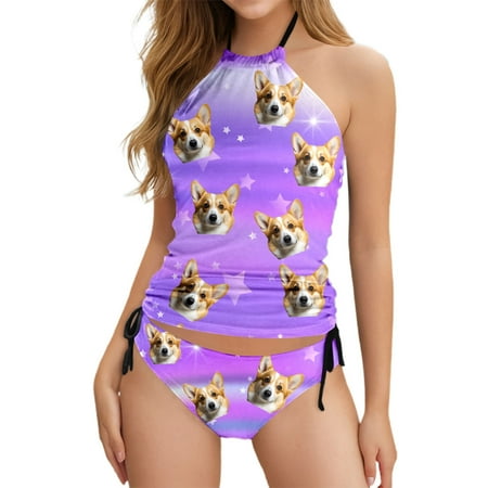 HABDGIKS 2025 Summer Women s Tankini Swimsuits Bathing Suits Stylish Diy Casual Print for Pool Beach Halter Thongs Separate Swimsuit