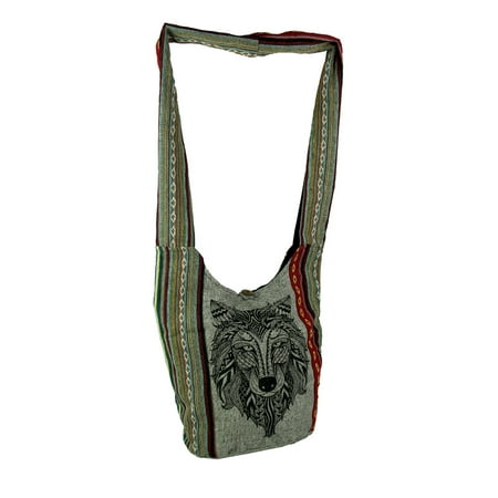 Cotton Striped Shoulder Bag Kathmandu Imports - Tribal Wolf Head Boho Stripe Cotton Crossbody Bag - Gray - Size Large ()