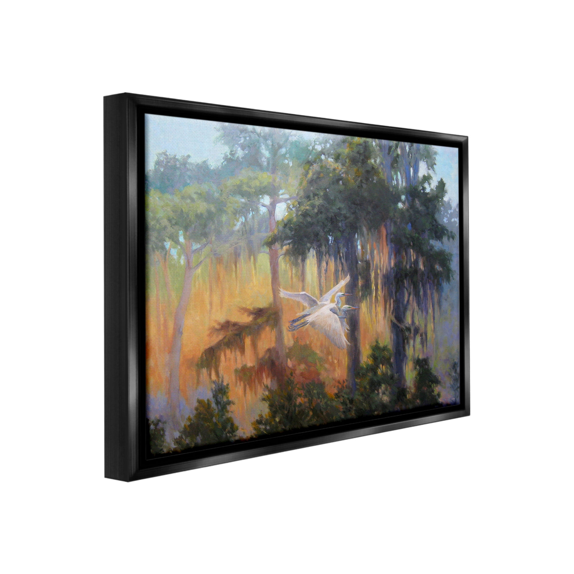 Stupell Industries Flying Egrets in Forest Animals & Insects Painting Black Floater Framed Canvas Art Print Wall Art, 21 x 17