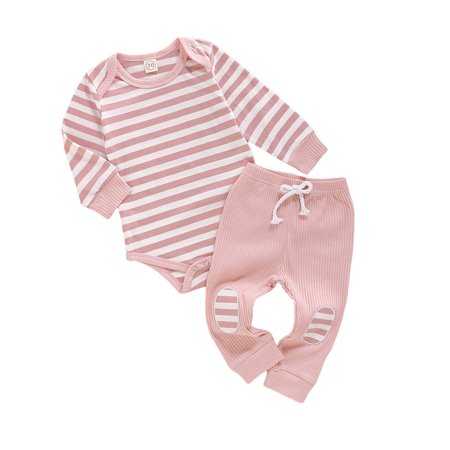

PBaeM Baby Unisex Neborn 0-12Months Striped Long Sleeve Romper Pants Casual Cotton Outfit Sets