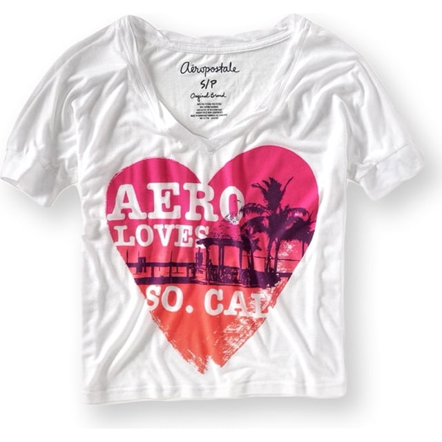 Camiseta gráfica recortada de ajuste holgado con cuello en V para mujer de Aeropostale, blanco, grande Aeropostale Camiseta gráfica