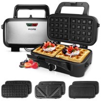 3-in-1 Waffle Makers, 1200W Waffle Iron Panini Press Sandwich Maker with Removable Plates, 5-gears Temperature Control, Non Stick Coating Cool Touch Handle Anti-skid Feet for Breakfast