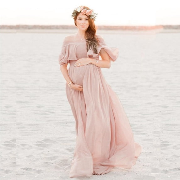 HBGVBA Women's Maternity Dress,Maternity Short Sleeve Dress,Chiffon Loose Fitted One Shoulder Floor Length Dress for Women