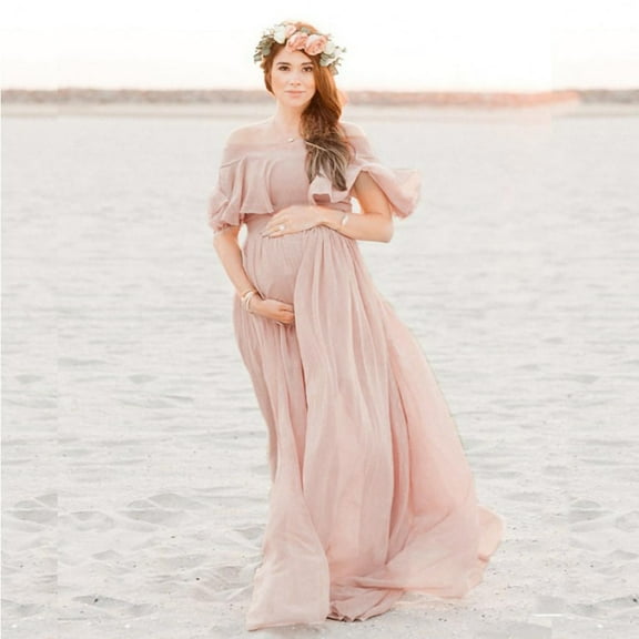 Womens Maternity Dress for Photography off the Shoulder Ruffed Mesh Chiff Gown Pregnancy Baby Shower Maxi Photo Props Dresses Pink XL