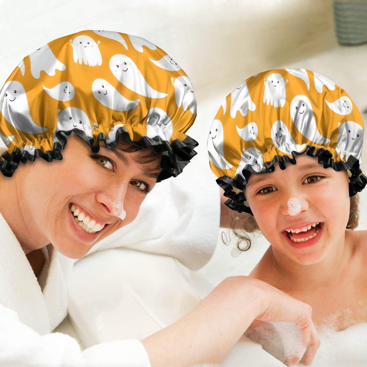 Shower Caps,Orange Halloween Ghosts Waterproof Shower Cap for Women 4 Pieces,Double Reusable Hair Cover for Shower PEVA Elastic Stretch Hem