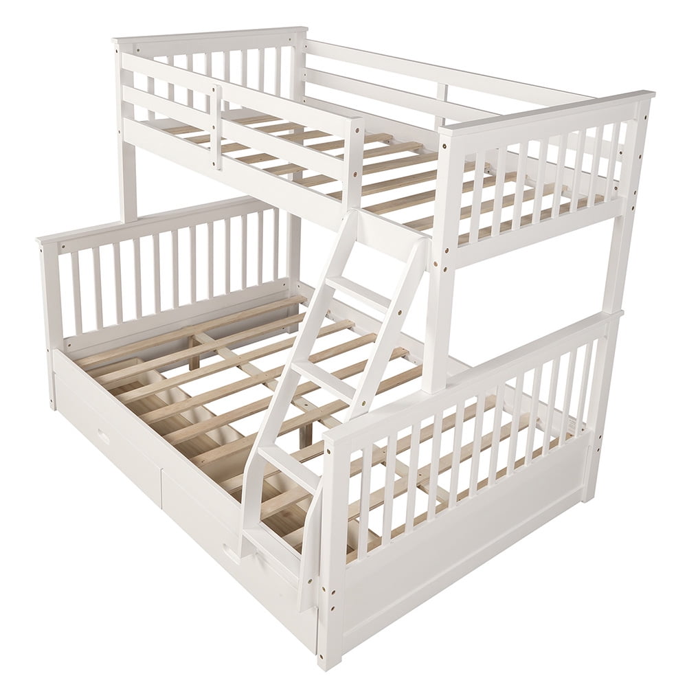 Twin-Over-Full Bunk Beds with Ladders and 2 Storage Drawers, White