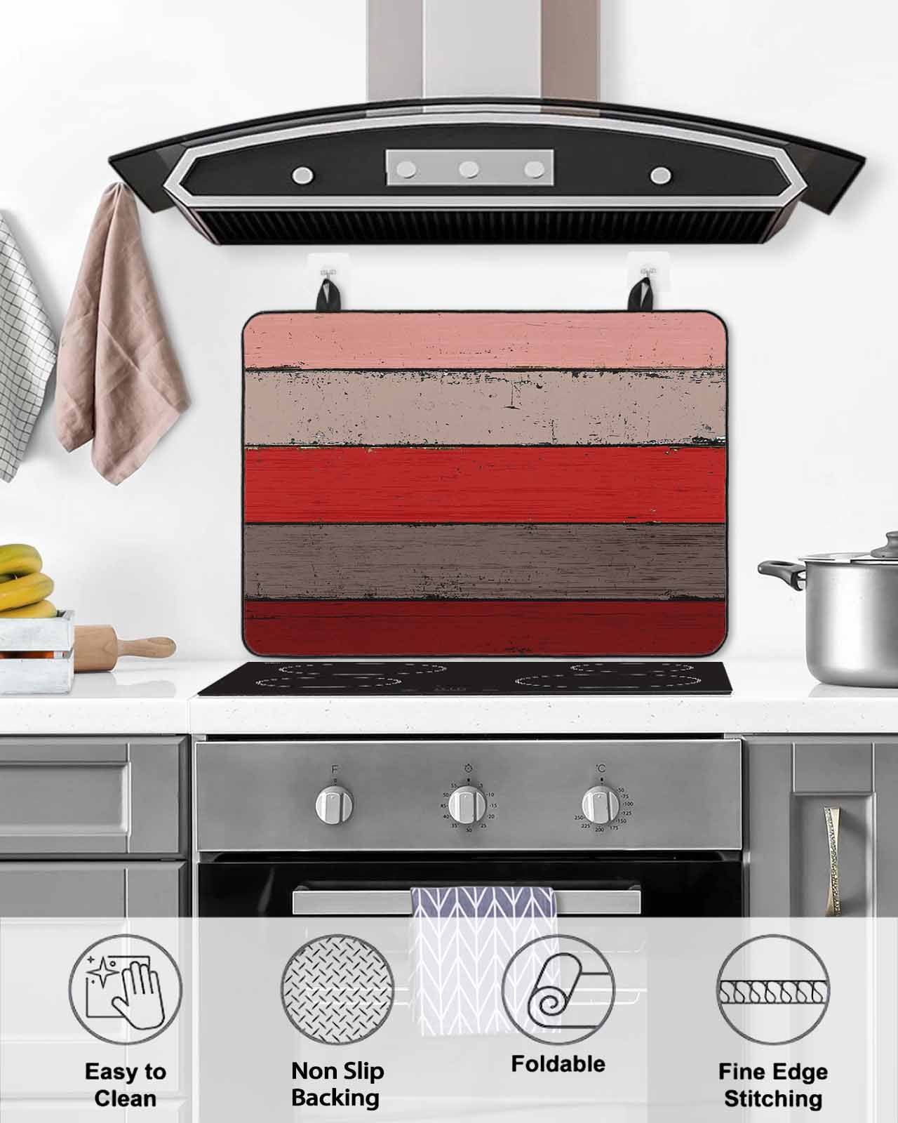 nqOlkjepod Large Induction Cooktop Protector Mat 24"x21", Red Wooden Stove Top Covers for Electric Stove, Grey Stripe Gradient Country Rustic Grain Stove Burner Cover Mats, Glass Top Stove Cover