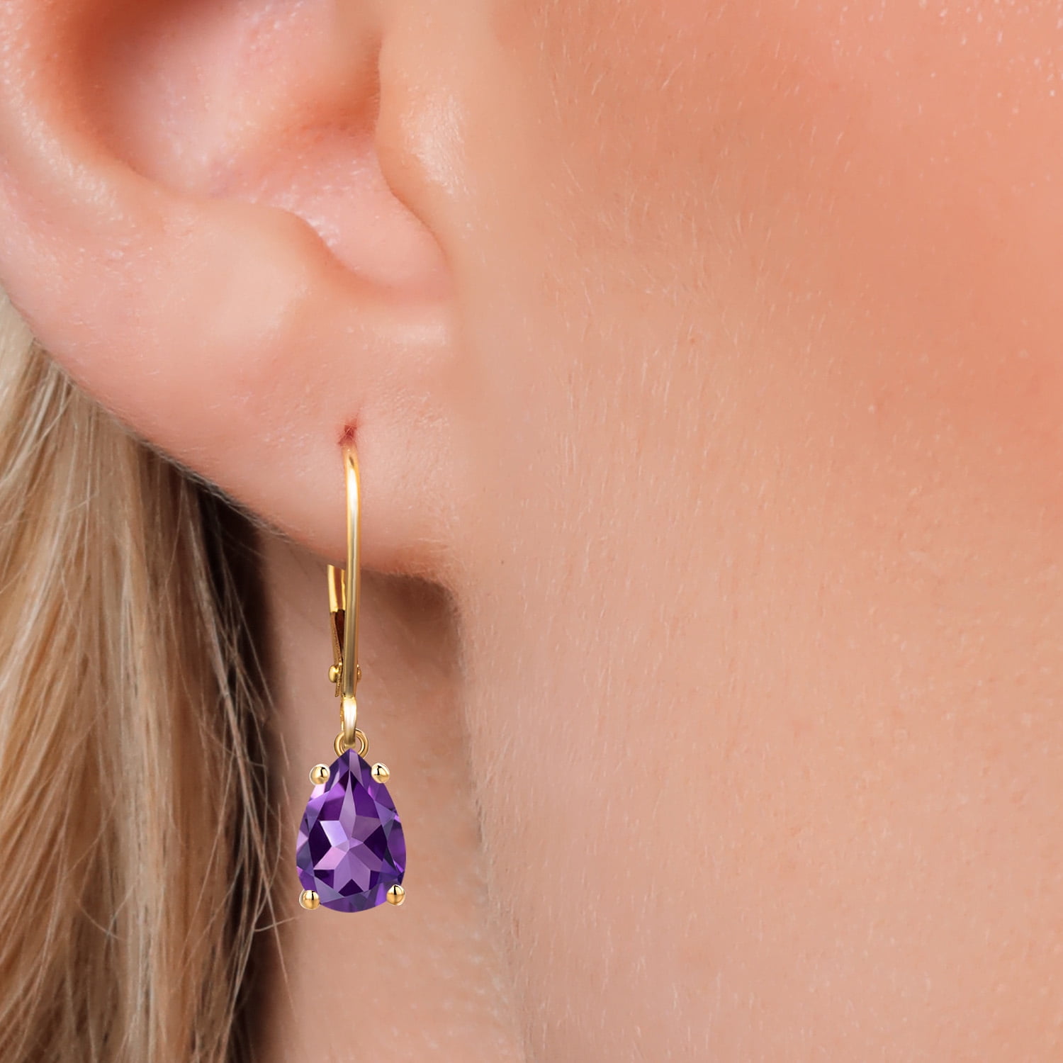Gem Stone King 14K Yellow Gold Purple Amethyst Earrings for Women | 2.18 Cttw | Gemstone February Birthstone | Pear Shape 9X6MM