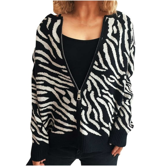 ZHYou Women's Round Neck Long Sleeve Printed Sweater Zipper Cardigan Jacket