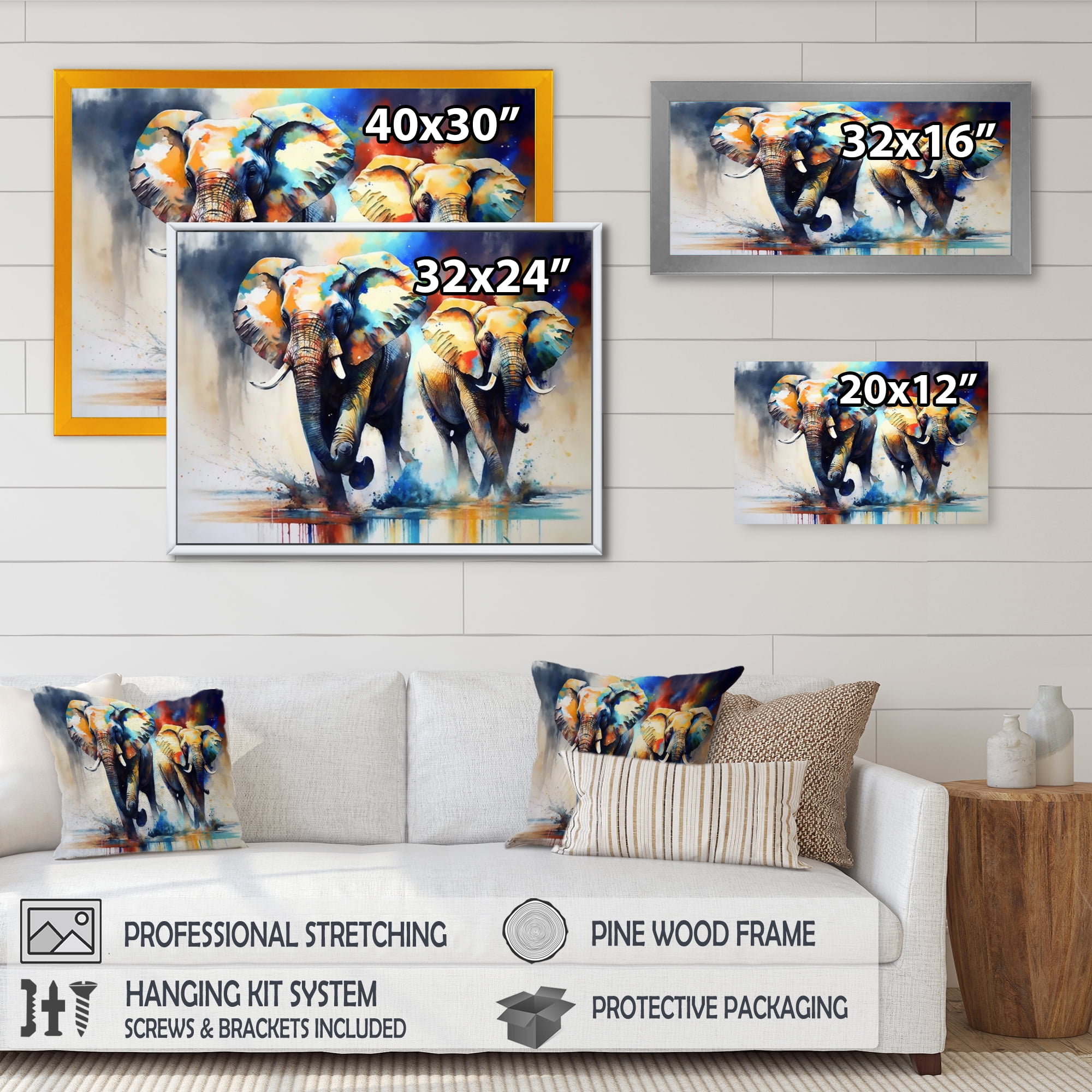 Designart Elephants Running I Canvas Wall Art