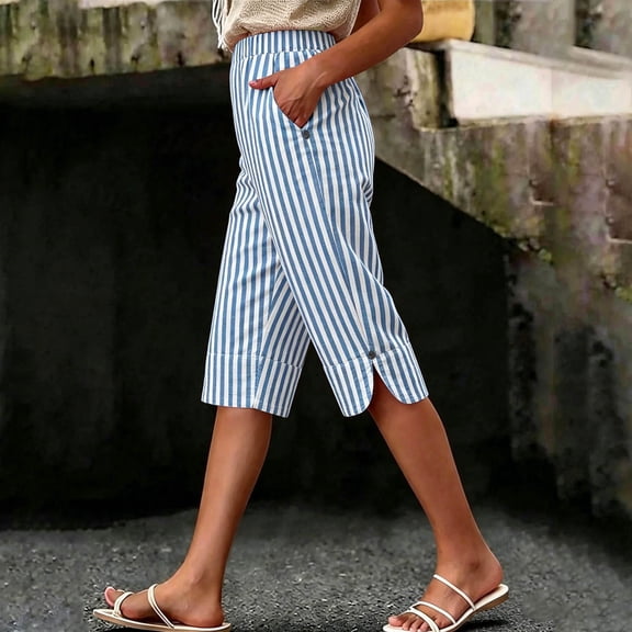 Cutuoiiu Summer Bermuda Shorts for Women High Waist Striped Print Cotton Linen Blend Casual Walking Shorts with Side Slit for Daily Wear