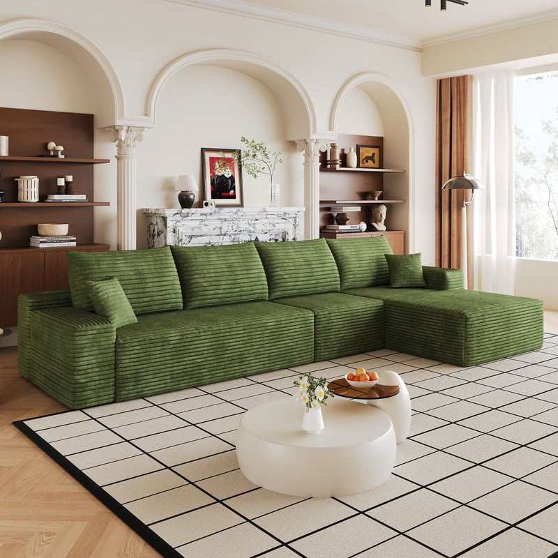 135" Cloud Sectional Sofa with Right Facing Chaise, Modern Modular Deep Seat Couch, Plush Corduroy Upholstered Sofa for Living Room, Bedroom, Apartment, No Assembly Required