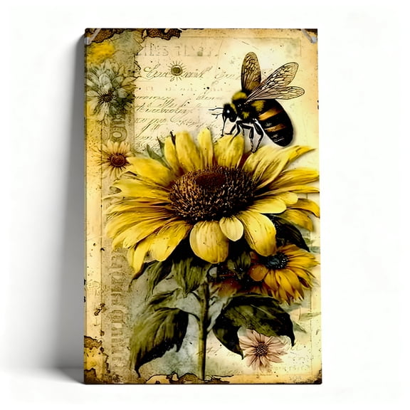 Vintage Sunflower And Bee Canvas Wall Art, Rustic Floral Farmhouse Decor, Retro Botanical Artwork For Bathroom, Living Room, Kitchen, Ready To Hang 8*12inch(20*30cm)