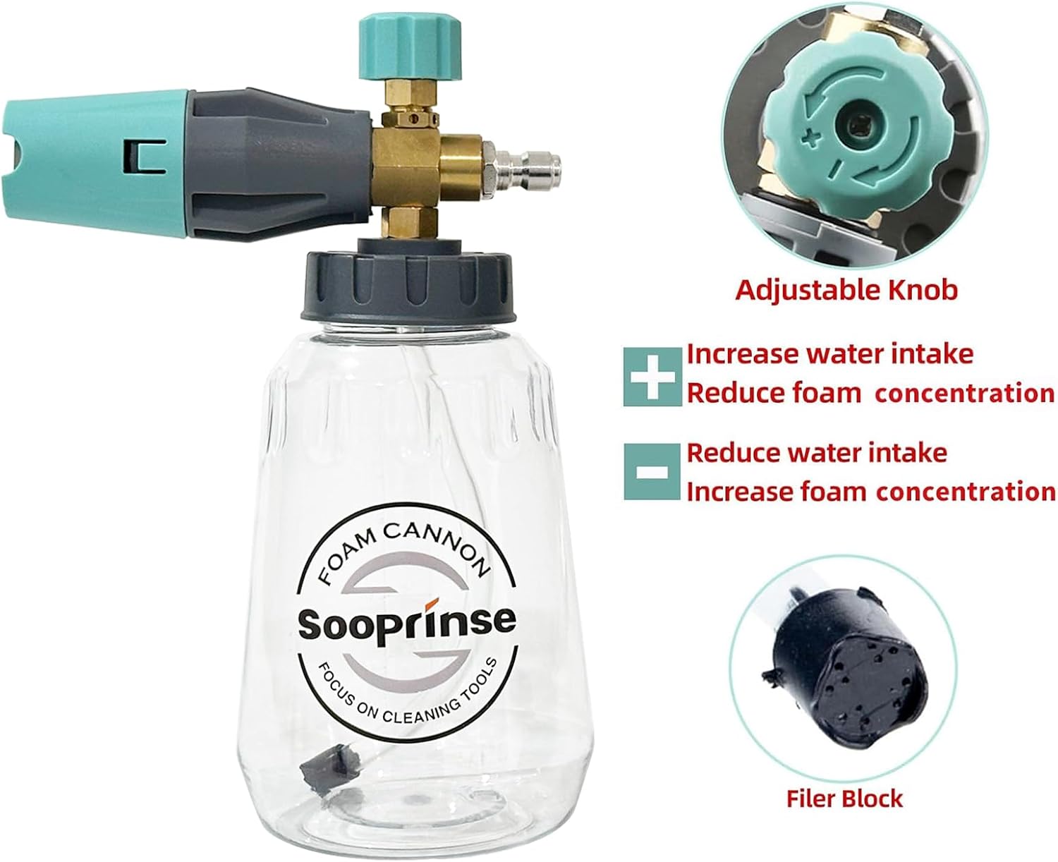 Foam Cannon, adjustable snow foam lance transparent body, with a 1/4 inch quick connector professional car foam sprayer, 4000, 1