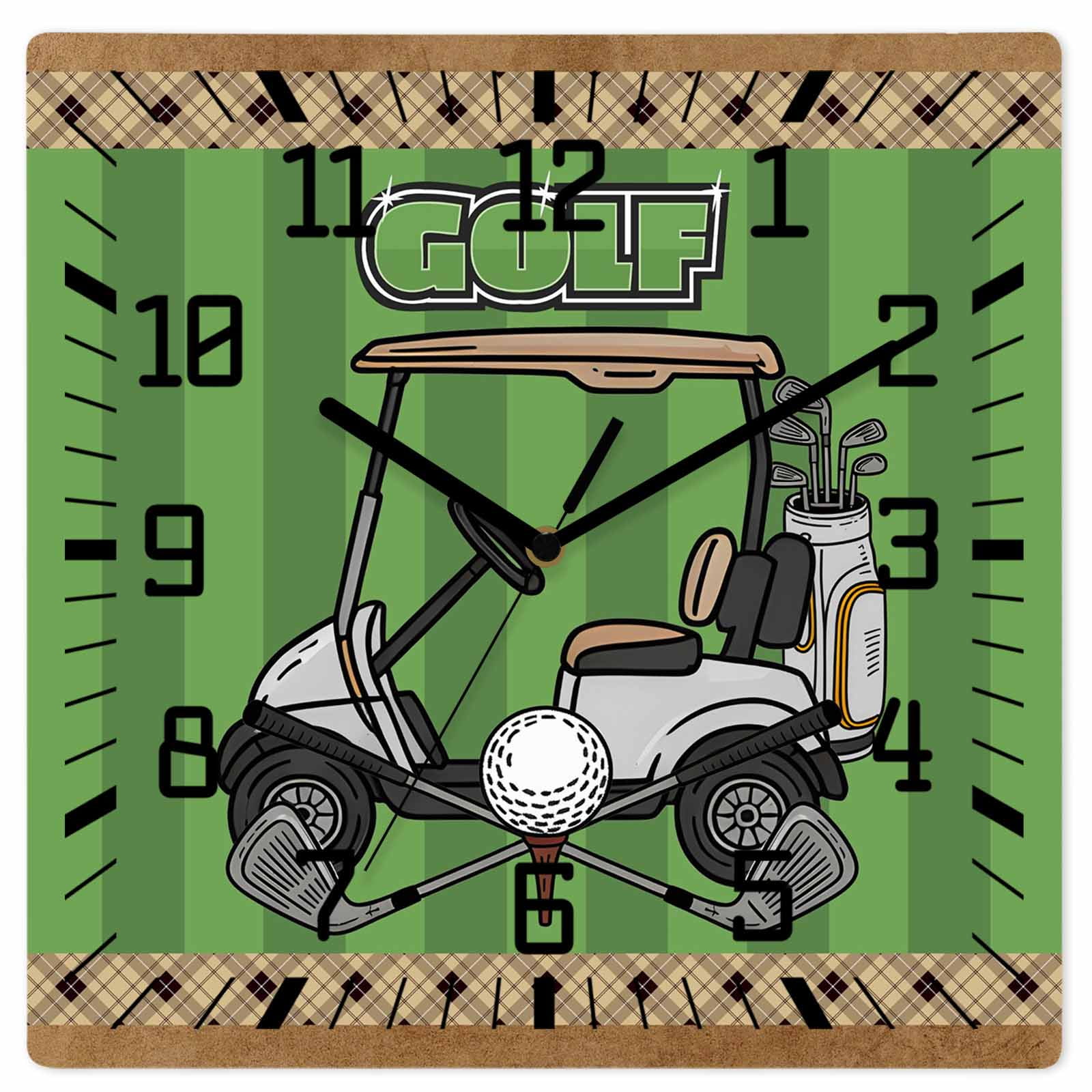 Golf Balls Wooden Wall Clock Silent Non Ticking, Green Sports Art Truck Brown Lattice Square Wall Clocks Battery Operated, Decor Clock for Home Office, Living Room, Kitchen, 12 Inch