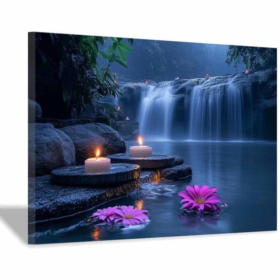 Mudket Framed,Canvas Wall Art,Ready to Hang, Purple Lotus Candle Zen Landscape Canvas Print, Floral Wall Decor, Relaxing Wall Pictures for Bedroom Bathroom Office Decor - 12"L x 8"W