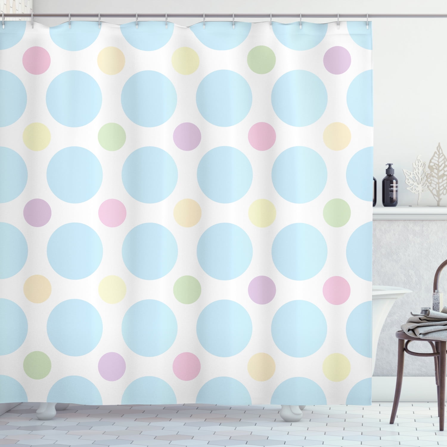 Seafoam Shower Curtain, Colorful Pastel Polka Dots Abstract Arrangement