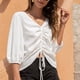 thumbnail image 4 of Blusa blanca fruncida para mujer con escote en V con cordón, mangas 3/4 y parte superior de gasa con farol, 4 of 8