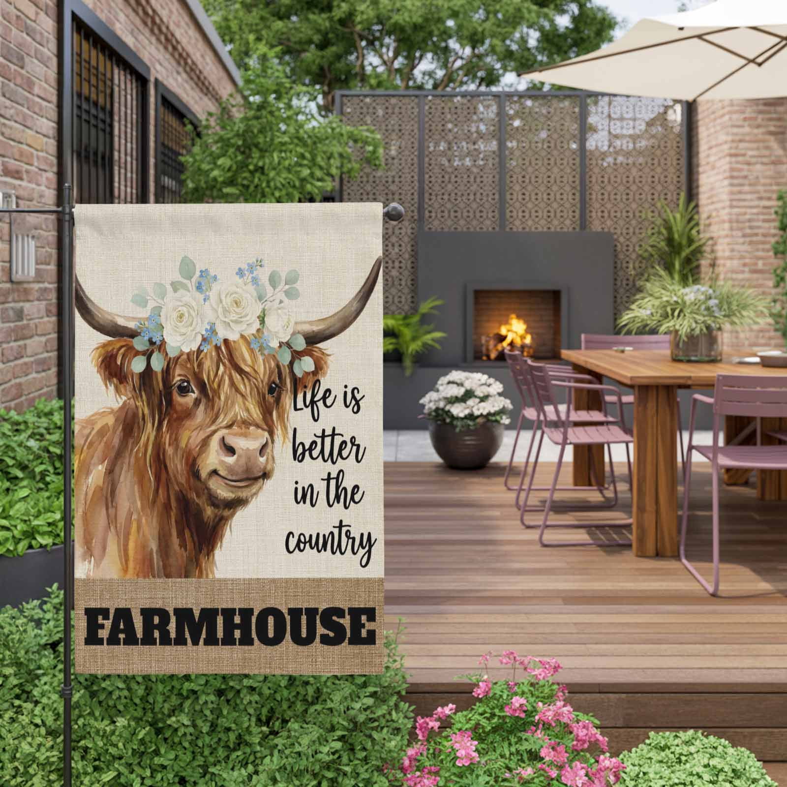 Farmhouse House Flag 28 x 40 Inches, LIFE IS BETTER IN THE COUNTRY Funny Cow Flowers Linen Weather Proof Outdoor Patio Flags Double Sided Small House Decoration for Yard Lawn Outside Home