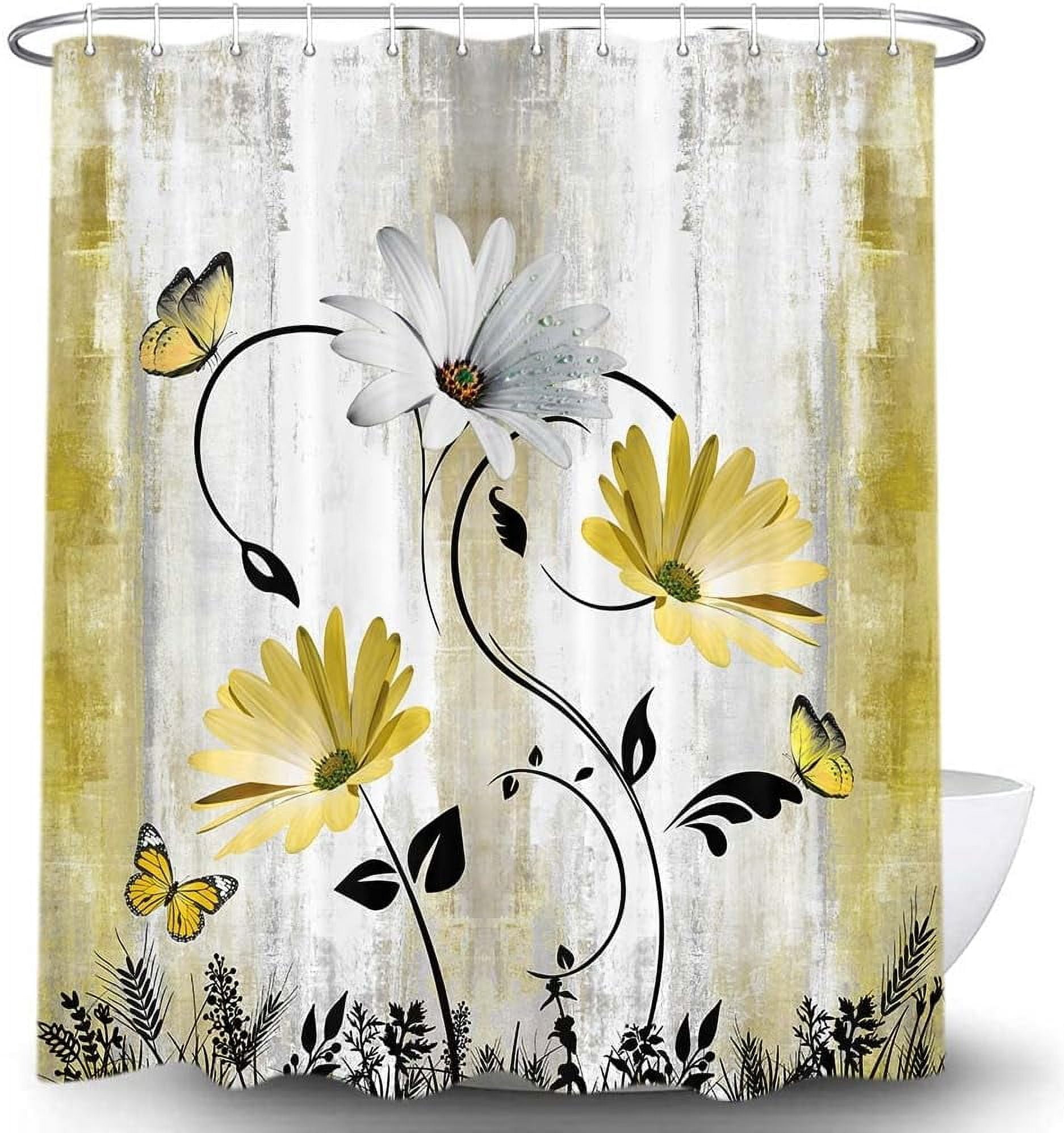 Rustic Farmhouse Shower Curtain for Bathroom, Farm Teal Daisy Floral Flowers and Butterfly on Country Wooden Bath Curtains, Turquoise Yellow Fabric Bathroom Decor Set with Hooks72x84