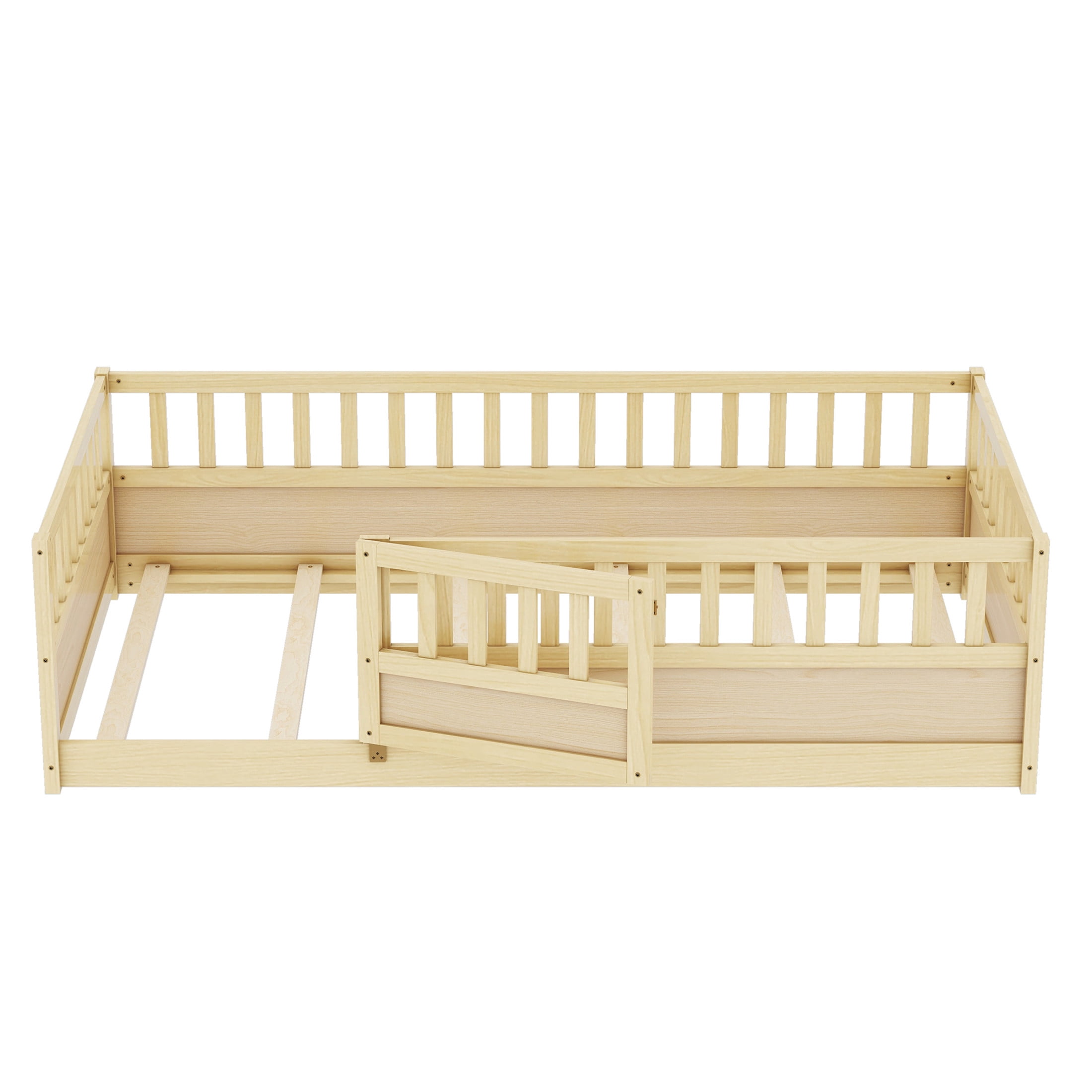 Noble House Twin Size Montessori Floor Bed with Guardrails and Door, Wood Kids Bed Frame, Natural