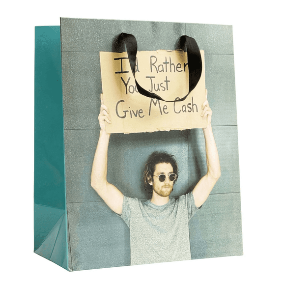 13 in x 10.5 in What Do You Meme Man with Sign Gift Bag, Funny Humor Present Bag, Viral Meme I'd Rather You Just Give Me Cash Print, Durable, Any Occasion, Black Handles, Gray