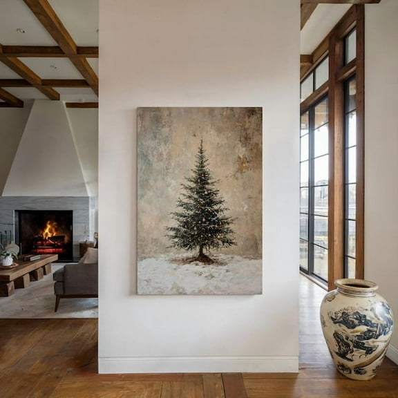 Velto Holiday Tree Canvas Wall Art Rustic Winter Snowy Décor Canvas, SIZE 8x10 INCLUDE Pine Wood Frame 1.25-Inch