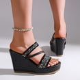 thumbnail image 4 of Women's Sequined Slip on Platform Wedge Sandals Summer Fashion Open Toe Dress Beach Slides Indoor Outdoor Comfortable Slippers Shoes Black Size 8, 4 of 6