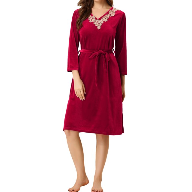 INSPIRE CHIC Pyjama Femme Col en V avec Ceinture Nouée Manches Longues Chemise de Nuit Douce Robe de Détente Midi TP Rouge