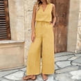 thumbnail image 6 of Elegant Linen Jumpsuit Womens Sleeveless V Neck Wide Leg Drawstring Waist Long Romper Pants with Pockets Yellow S, 6 of 9