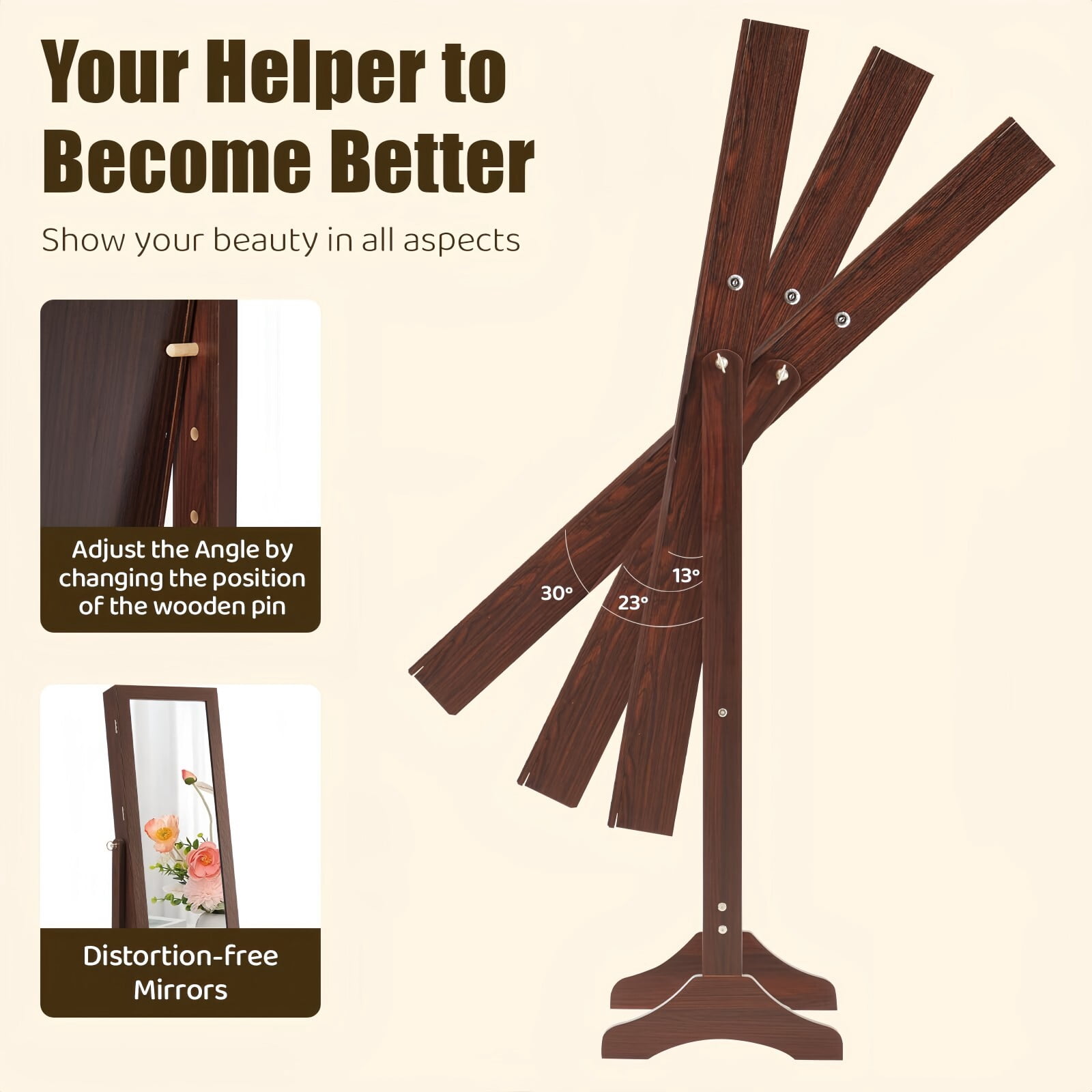 Kelno 60" Freestanding Jewelry Armoire with HD Mirror Adjustable Angles Jewelry Organizer Cabinet, Rust