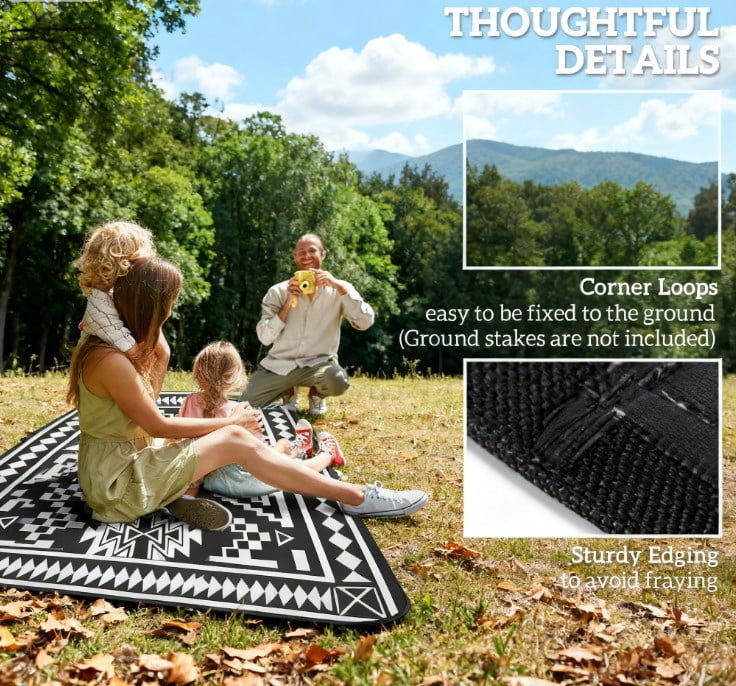 Reversible Outdoor Rug Waterproof Plastic Straw Patio Rug with Carry Bag, Foldable Outdoor Area Rug for Camping Picnic RV Road Tours Garden Balcony Deck, Black and White Square Patchwork