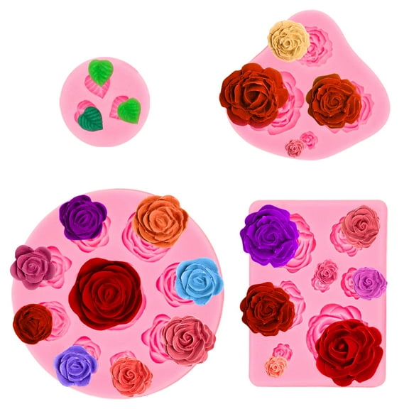 Abewoo 4Pcs Candy Silicone Mold Mini Rose Silicone Molds Flower Cake Fondant Mold Leaf Molds for Cupcake Decorating Chocolate Muffins Baking Molds (Pink)