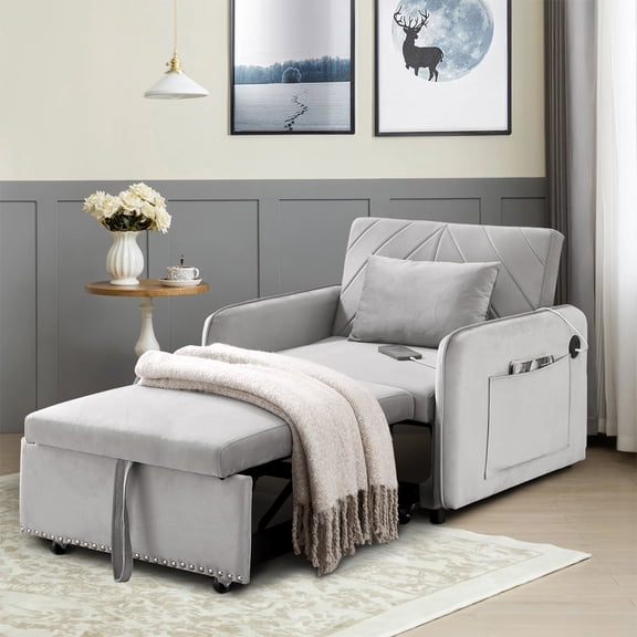 Muumblus Convertible 3-in-1 Sleeper Chair Bed with USB/Type-C Charging Ports, Compact Single Sofa, Gray Velvet