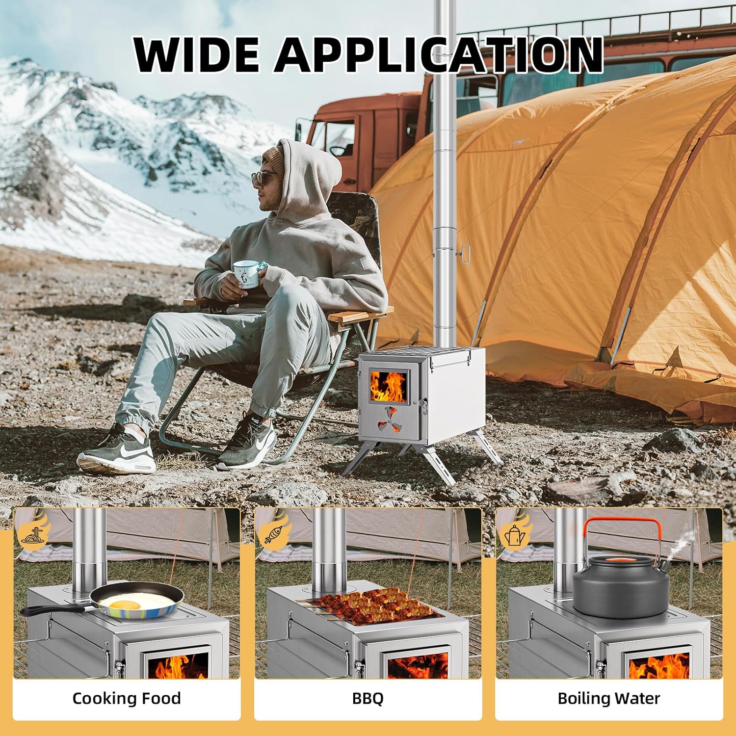 ABORON Portable Camp Wood Stove Stainless Steel Camping Cooking Stove Outdoor Wood Burning Stove with Chimney, Firebox Hot Camping Tent Stove for BBQ, Hiking, Fishing, Hunting