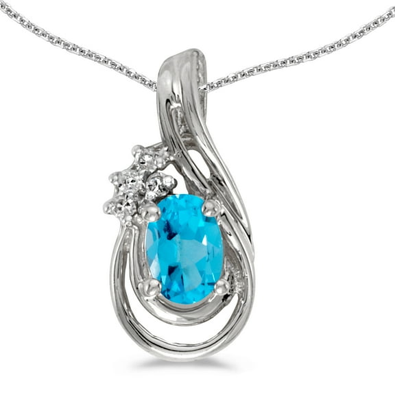 10k White Gold Oval Blue Topaz And Diamond Teardrop Pendant with 18" Chain