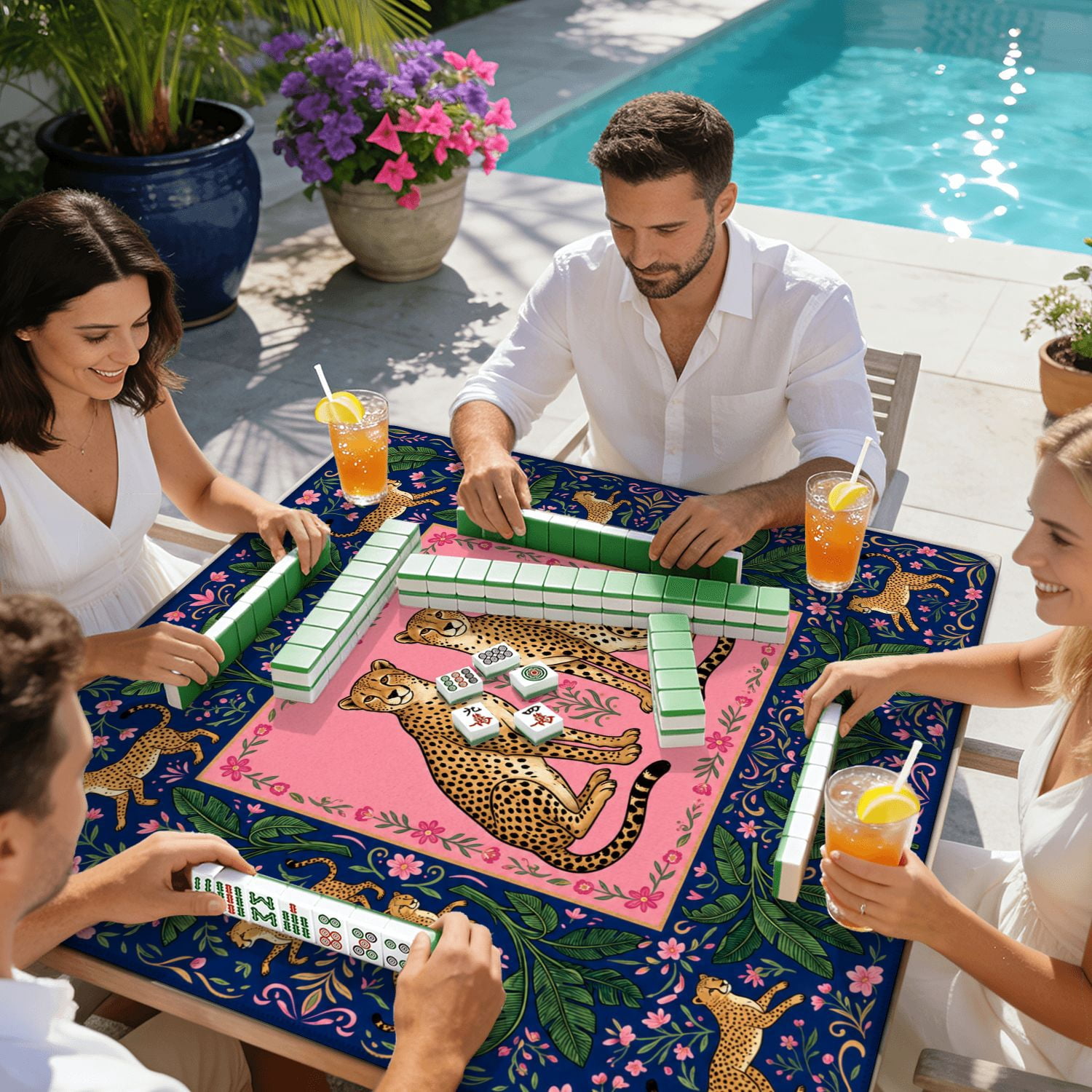 Mahjong Mat 31.5" x 31.5" Elegant Two Cheetahs Surrounded by Tropical Leaves Flowers Non-Slip Noise Reduction American Mahjong Tiles Table Cover for Dominoes Poker Card Board Games Gift