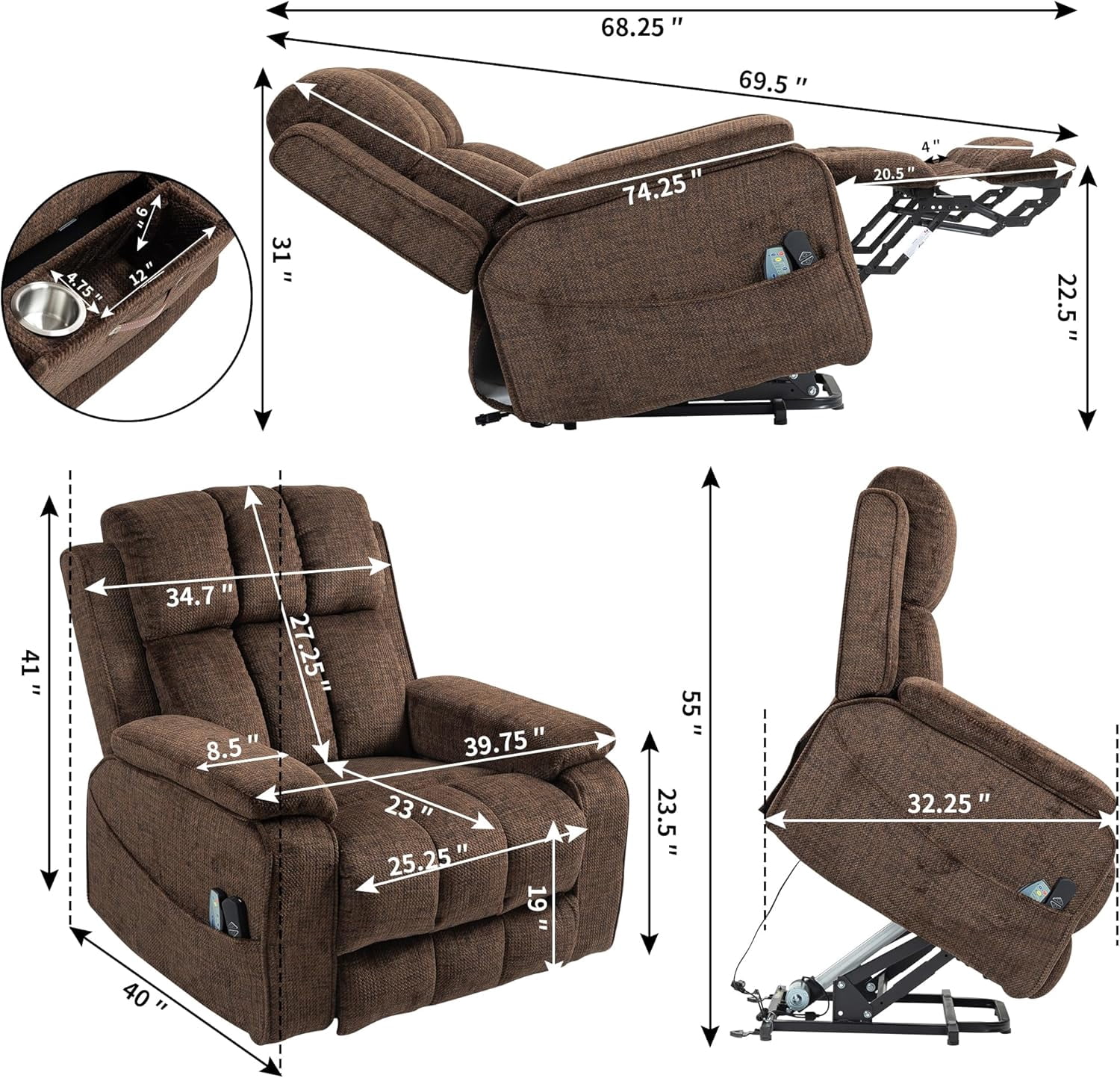Oversized Lifting Recliners for Seniors, Extended Footrest, Big and Tall Recliners 400 lbs Lay Flat Recliner with Heat & Massage Side Storage Cup Holder, USB Type C Charging for Elderly Relaxing