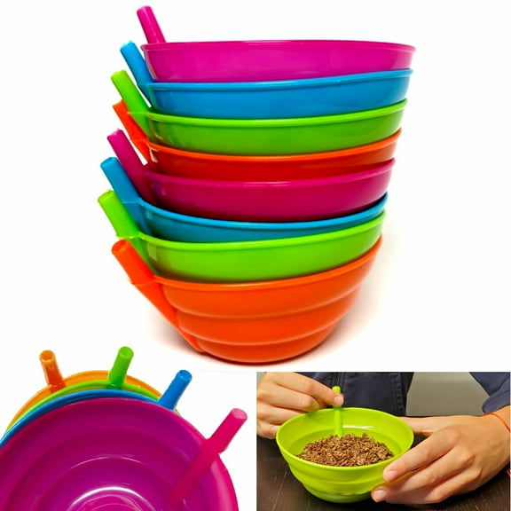 8 Sip-A-Bowl Set 14oz BPA Free Straw Bowls Sip Every Drop Cereal Ice Cream Soup